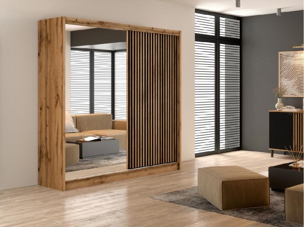 Vente Unique Armoire 2 Portes Coulissantes - Avec Miroir - L203 Cm - Coloris : Naturel Et Noir - CALOWI