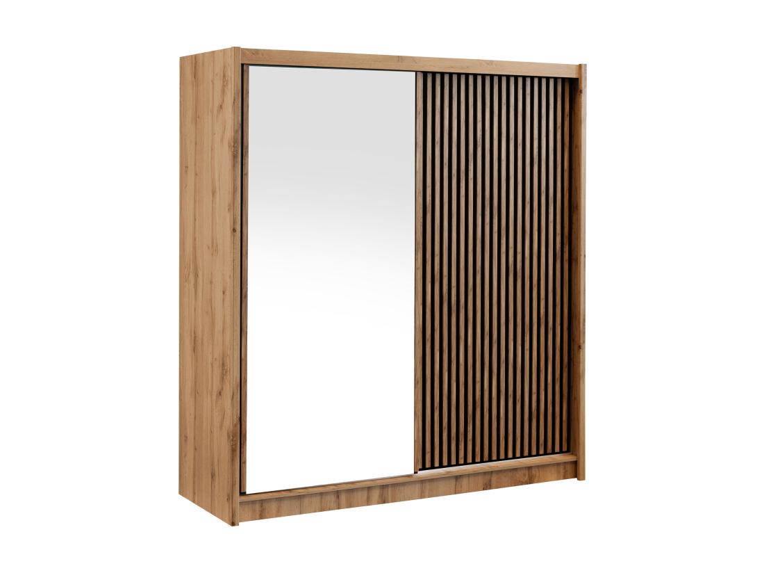 Vente Unique Armoire 2 Portes Coulissantes - Avec Miroir - L203 Cm - Coloris : Naturel Et Noir - CALOWI