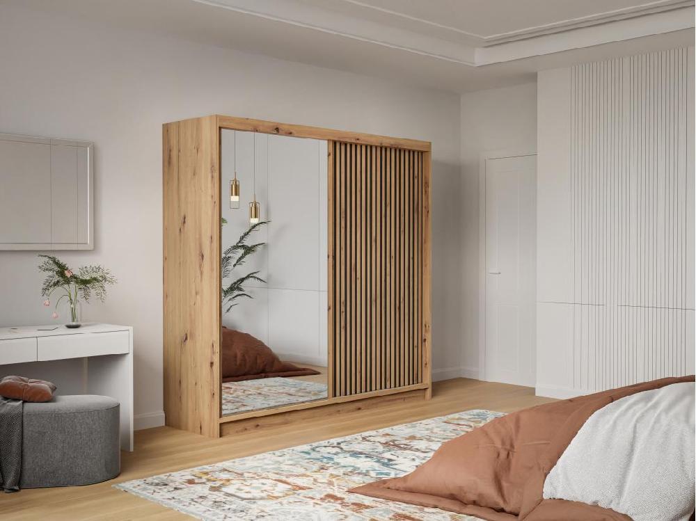 vente unique Armoire 2 portes coulissantes - Avec miroir - L203 cm - Coloris : Naturel et noir - CALOWI