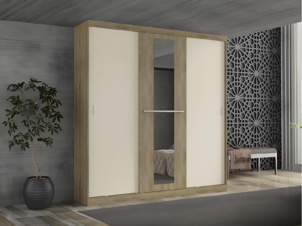 vente unique Armoire 3 portes coulissantes - Avec miroir - L205 cm - Naturel et beige - DIDDA II