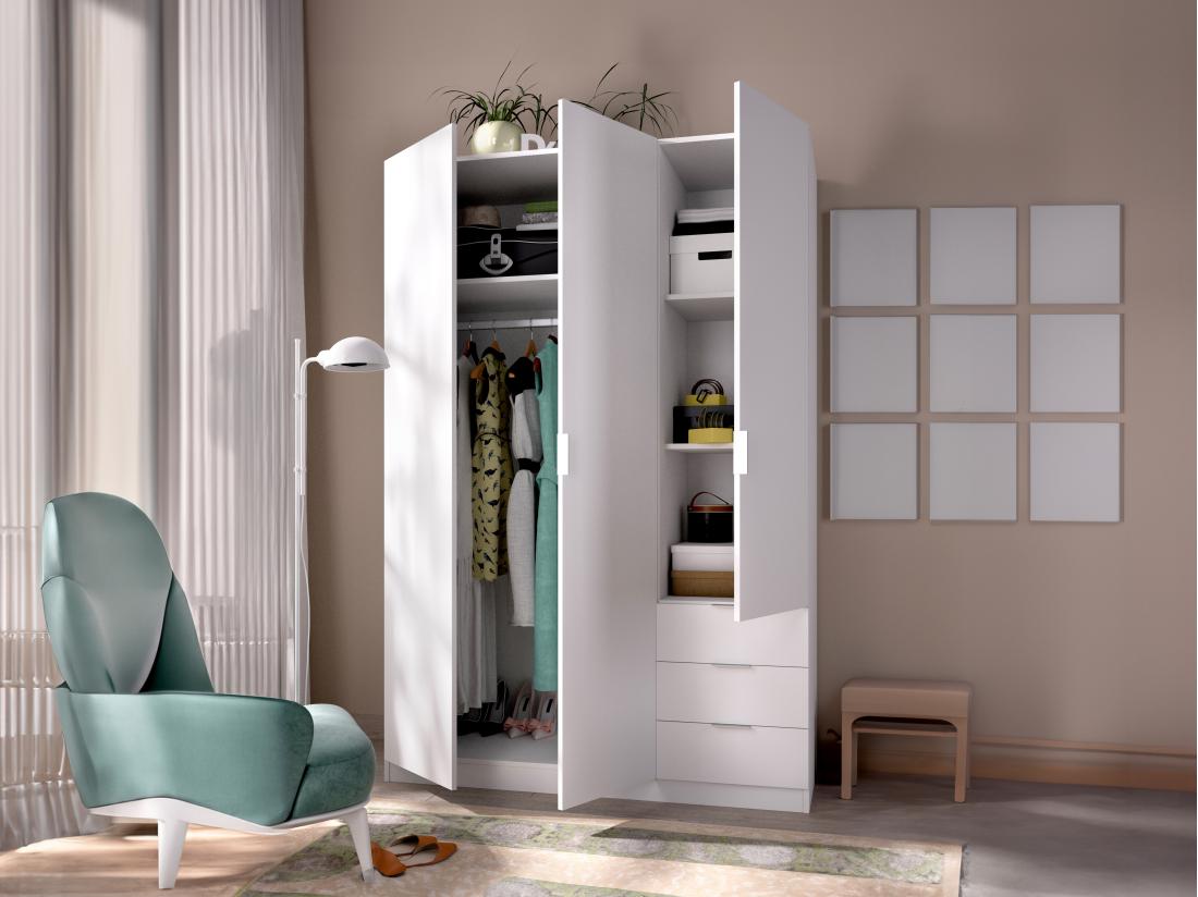 Vente Unique Armoire 3 Portes Et 3 Tiroirs - L121 Cm - Blanc - LISTOWEL