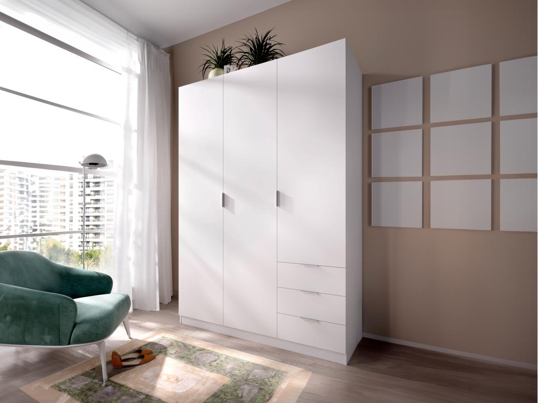 vente unique Armoire 3 portes et 3 tiroirs - L121 cm - Blanc - LISTOWEL