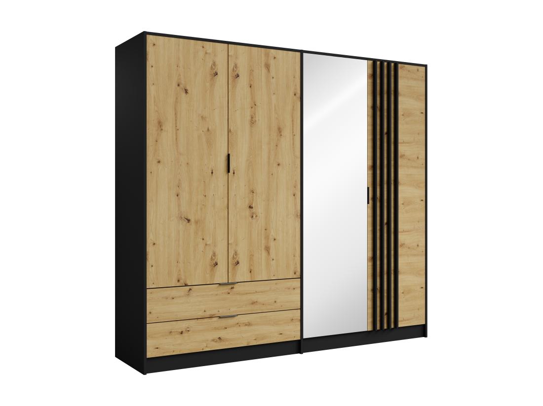 Vente Unique Armoire 4 Portes Et 2 Tiroirs - Avec Miroir - L220 Cm - Coloris : Noir Et Naturel - TUNALO