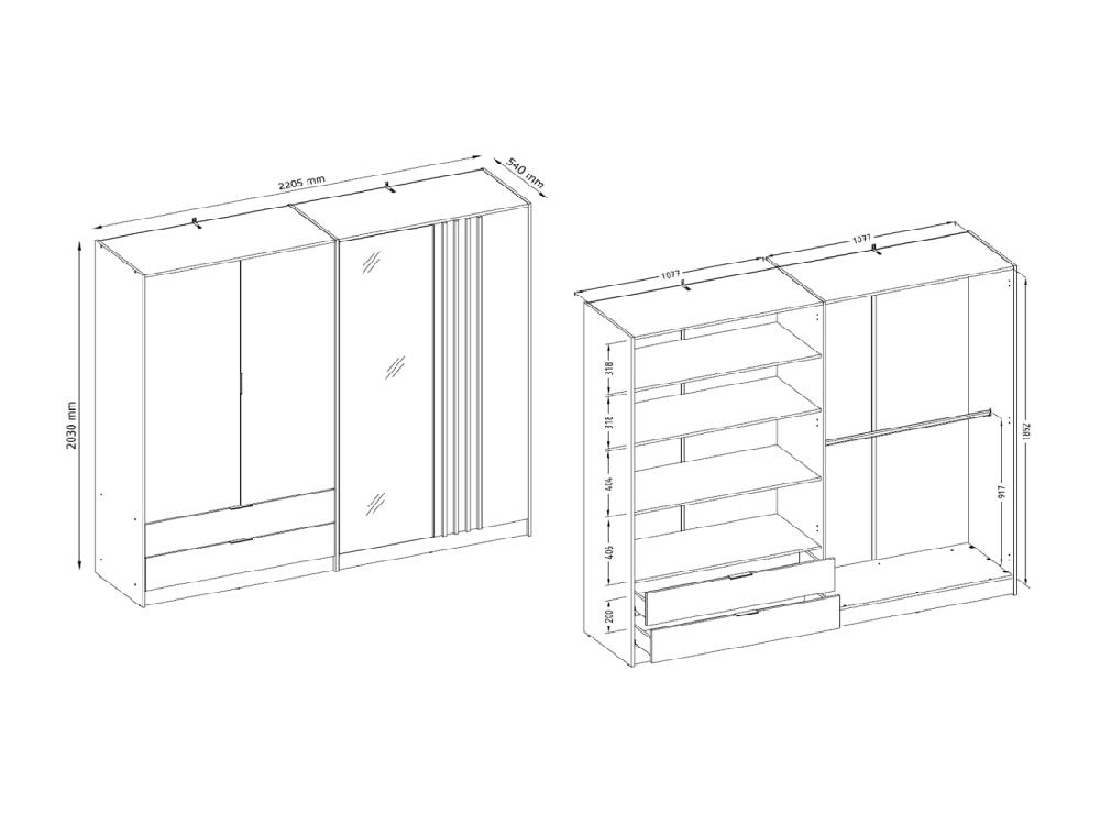 Vente Unique Armoire 4 Portes Et 2 Tiroirs - Avec Miroir - L220 Cm - Coloris : Noir Et Naturel - TUNALO