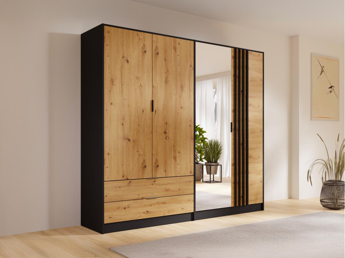 vente unique Armoire 4 portes et 2 tiroirs - Avec miroir - L220 cm - Coloris : Noir et naturel - TUNALO