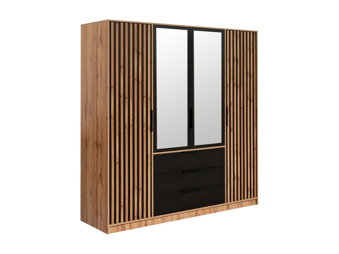 Vente Unique Armoire 4 Portes Et 3 Tiroirs - Avec Miroir - L196 Cm - Coloris : Naturel Et Noir - LIRMADA