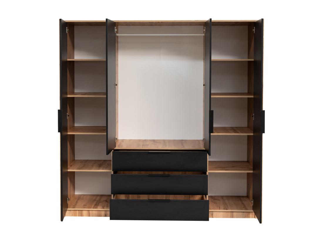 Vente Unique Armoire 4 Portes Et 3 Tiroirs - Avec Miroir - L196 Cm - Coloris : Naturel Et Noir - LIRMADA