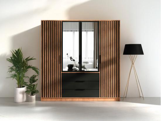 vente unique Armoire 4 portes et 3 tiroirs - Avec miroir - L196 cm - Coloris : Naturel et noir - LIRMADA