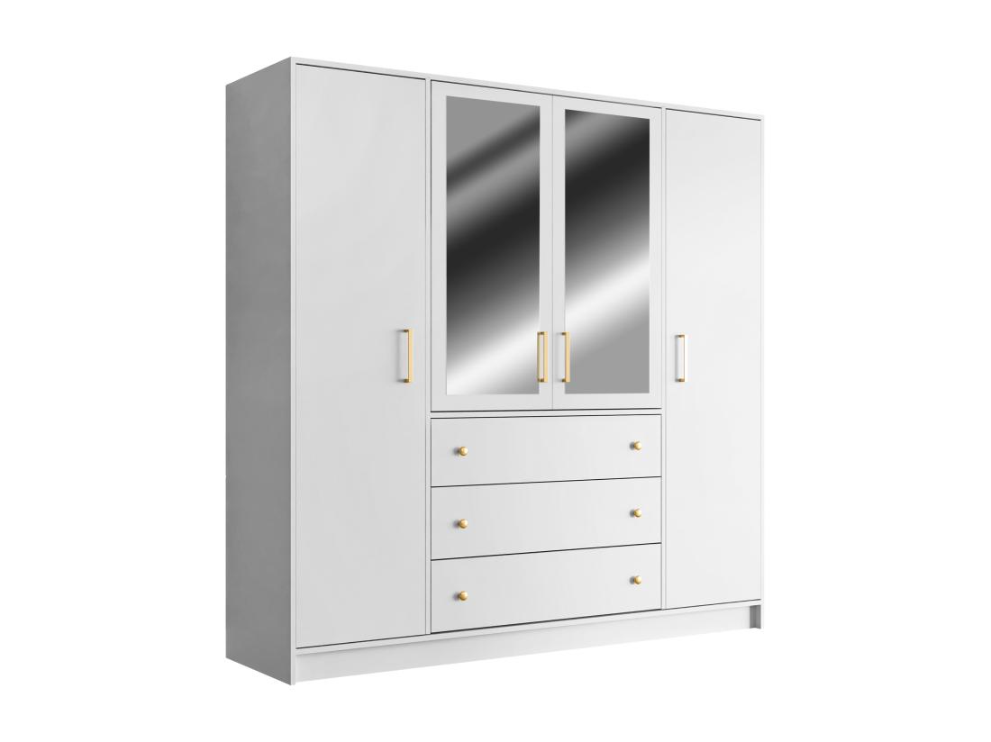 Vente Unique Armoire 4 Portes Et 3 Tiroirs - Avec Miroirs - L196 Cm - Blanc - LIZANDRO