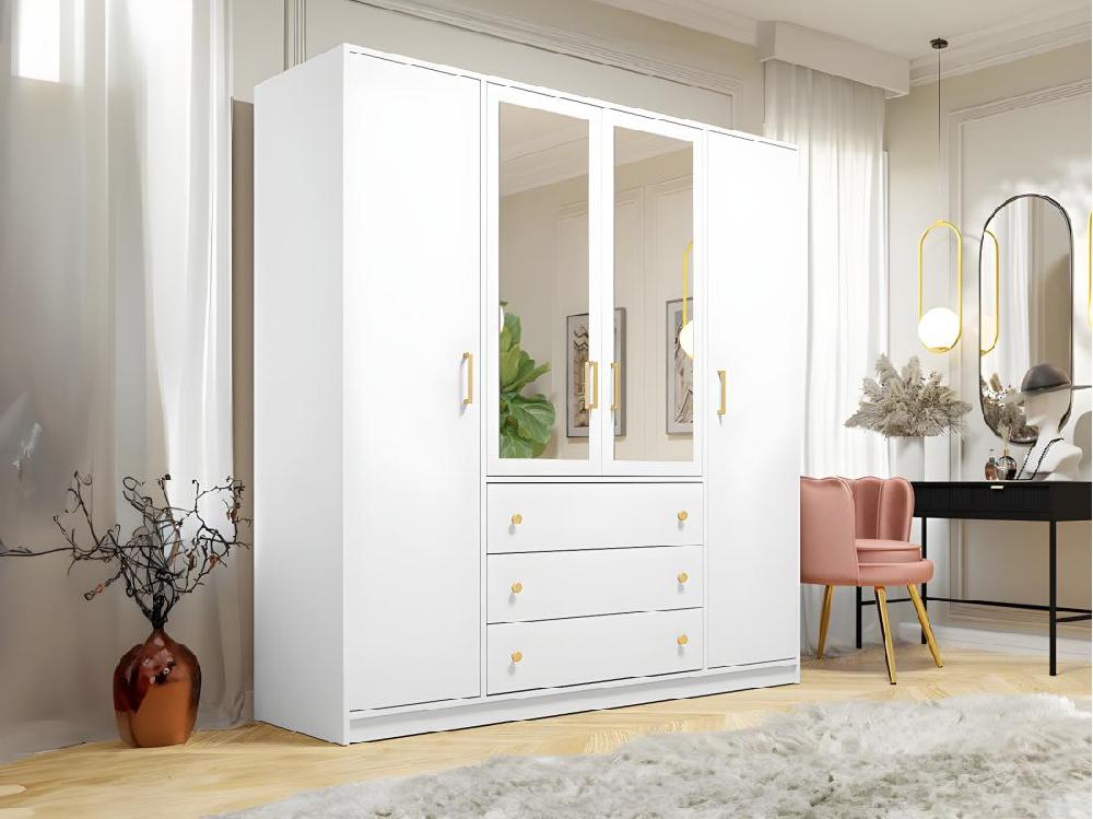 Vente Unique Armoire 4 Portes Et 3 Tiroirs - Avec Miroirs - L196 Cm - Blanc - LIZANDRO