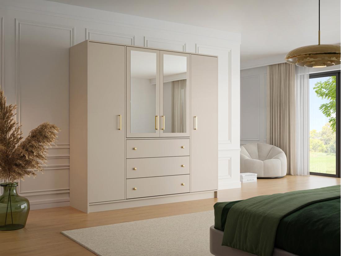 Vente Unique Armoire 4 Portes Et 3 Tiroirs - Avec Miroirs - L196 Cm - Beige Et Doré - LIZANDRO