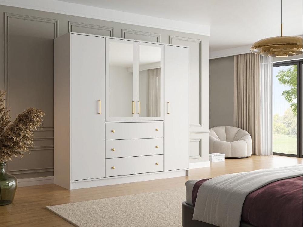 vente unique Armoire 4 portes et 3 tiroirs - Avec miroirs - L196 cm - Blanc - LIZANDRO