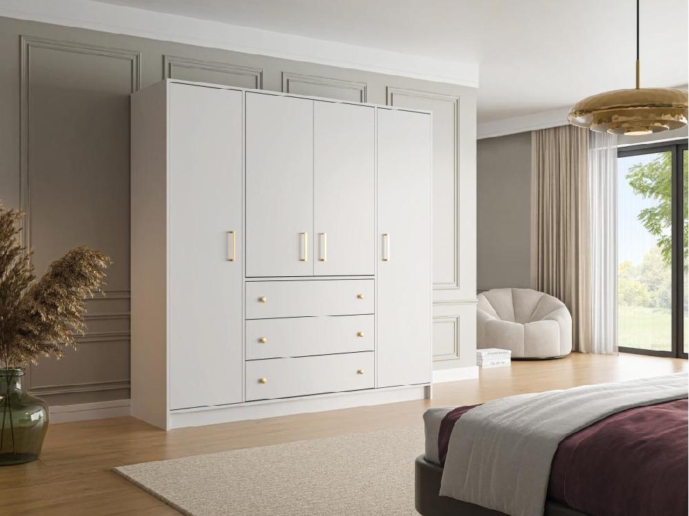 vente unique Armoire 4 portes et 3 tiroirs - L196 cm - Blanc - LIZANDRO