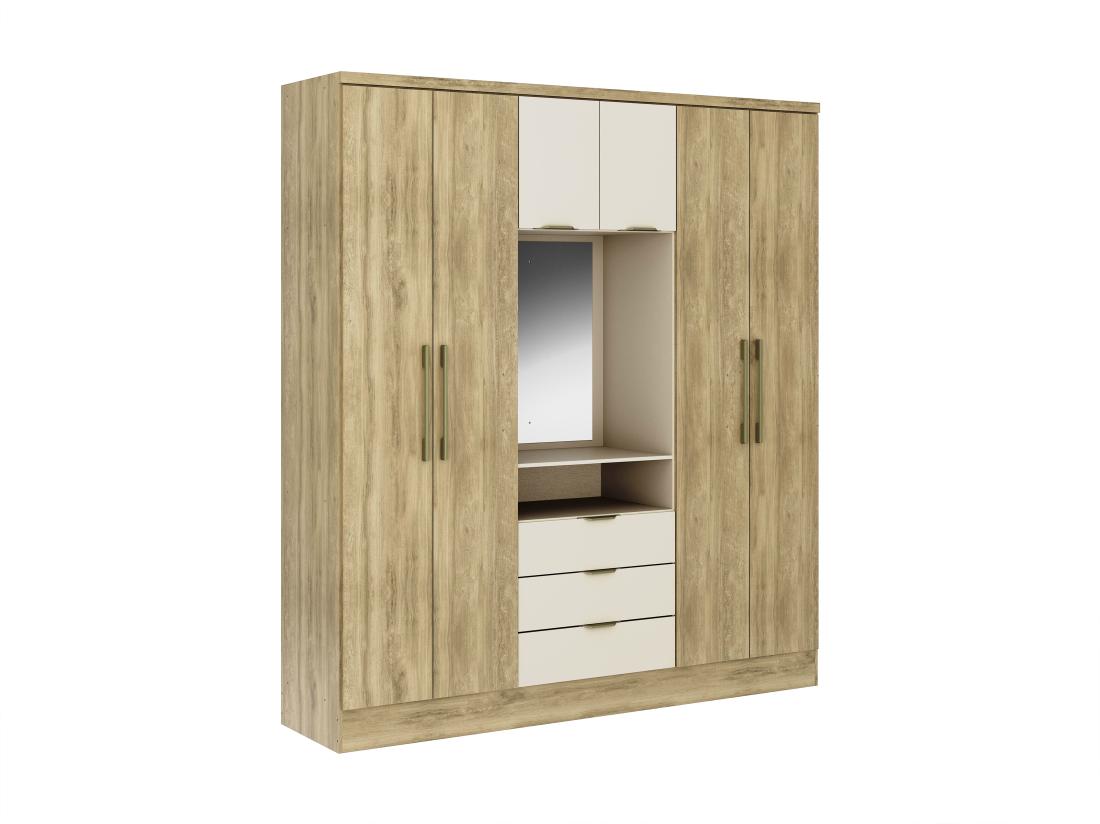 Vente Unique Armoire 6 Portes Et 3 Tiroirs - Avec Miroir - L180 Cm - Coloris : Naturel Et Beige - ELORIO