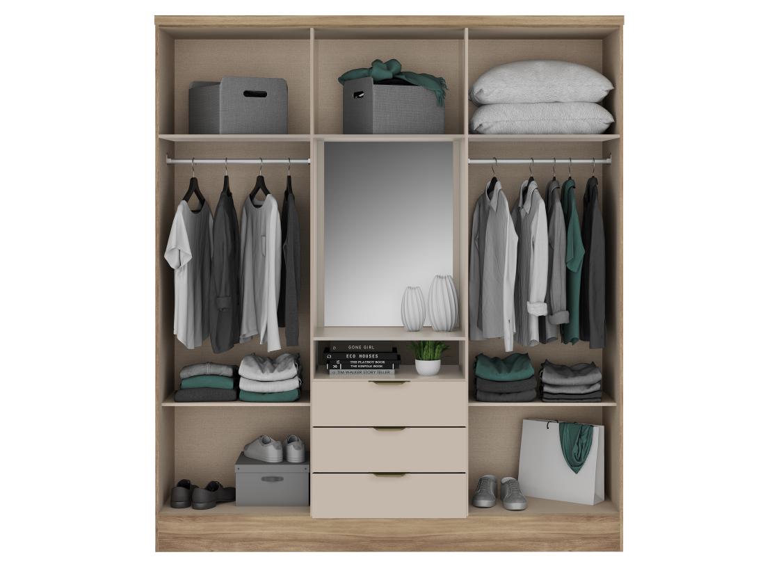 Vente Unique Armoire 6 Portes Et 3 Tiroirs - Avec Miroir - L180 Cm - Coloris : Naturel Et Beige - ELORIO