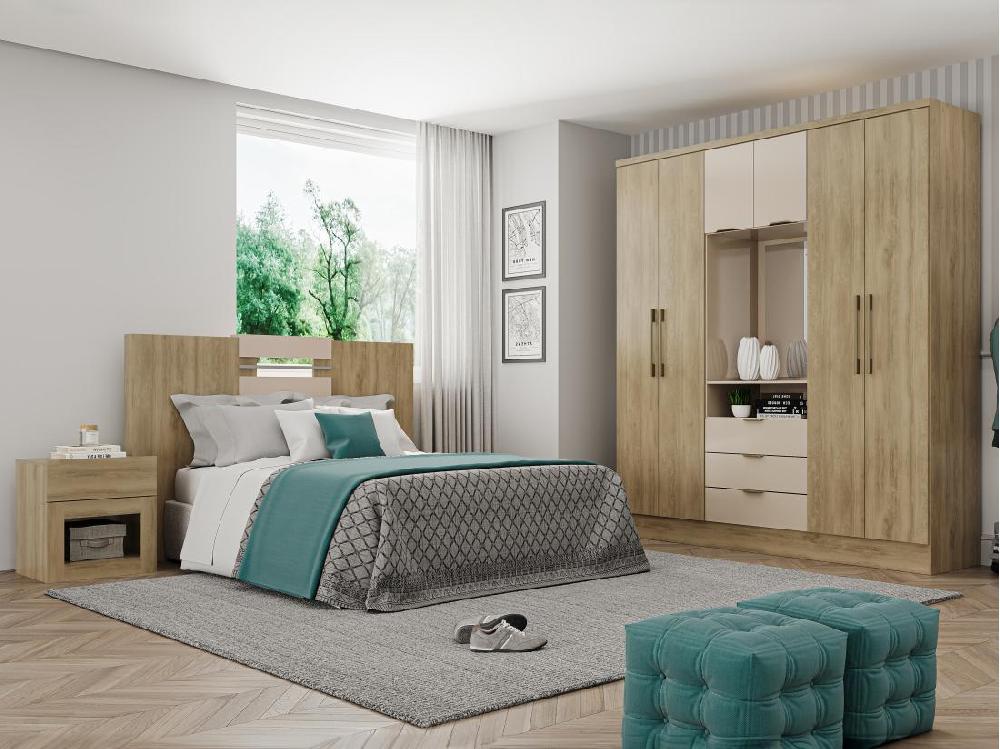 vente unique Armoire 6 portes et 3 tiroirs - Avec miroir - L180 cm - Coloris : Naturel et beige - ELORIO