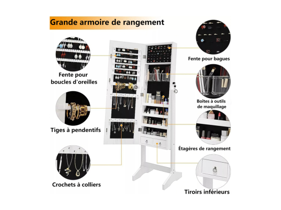 Vente Unique Armoire à Bijoux Avec Grand Miroir Et Verrouillable 2 Tiroirs En Bois Naturel Blanc Et Velours 41 5x36 5x156cm