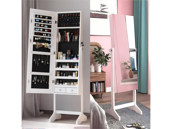 Vente Unique Armoire à Bijoux Avec Grand Miroir Et Verrouillable 2 Tiroirs En Bois Naturel Blanc Et Velours 41 5x36 5x156cm