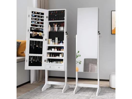 vente unique Armoire à bijoux avec grand miroir et verrouillable 2 tiroirs en bois naturel blanc et velours 41 5x36 5x156cm