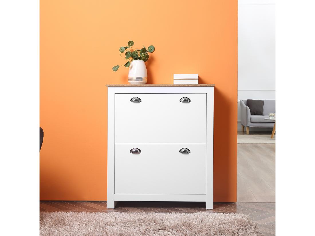 Vente Unique Armoire à Chaussures 2 Portes Abattantes 2 Compartiments Poignées Coquilles Métal MDF Blanc Chêne Clair