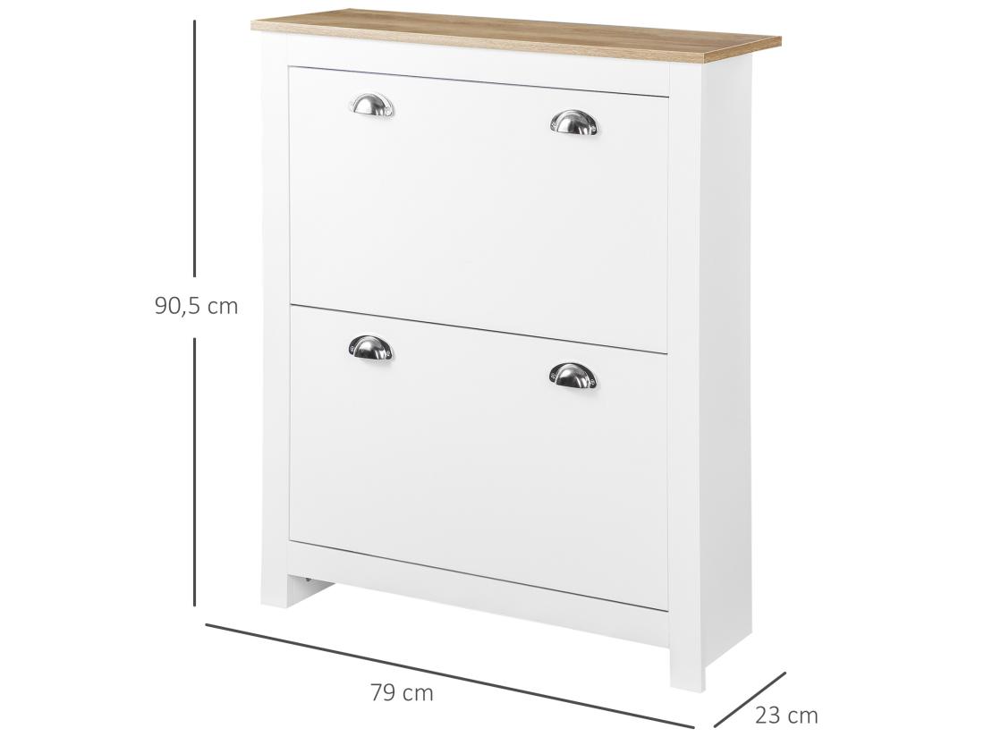 Vente Unique Armoire à Chaussures 2 Portes Abattantes 2 Compartiments Poignées Coquilles Métal MDF Blanc Chêne Clair