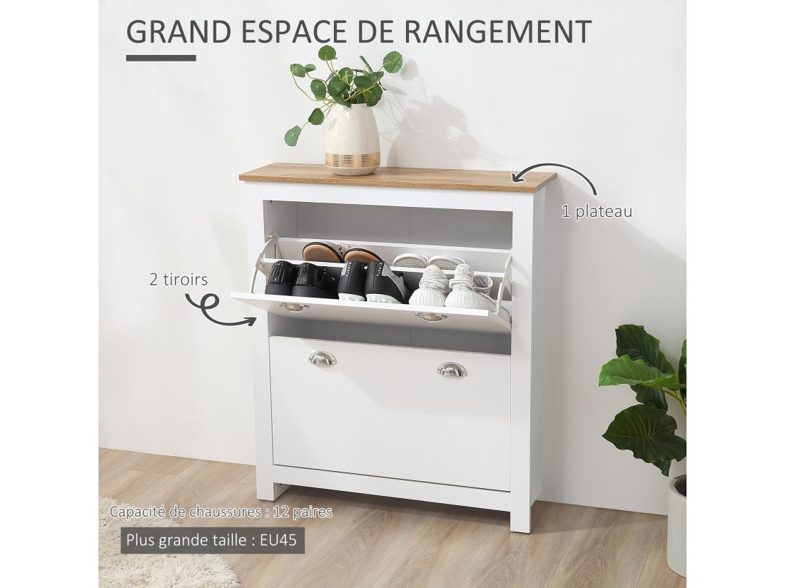 Vente Unique Armoire à Chaussures 2 Portes Abattantes 2 Compartiments Poignées Coquilles Métal MDF Blanc Chêne Clair