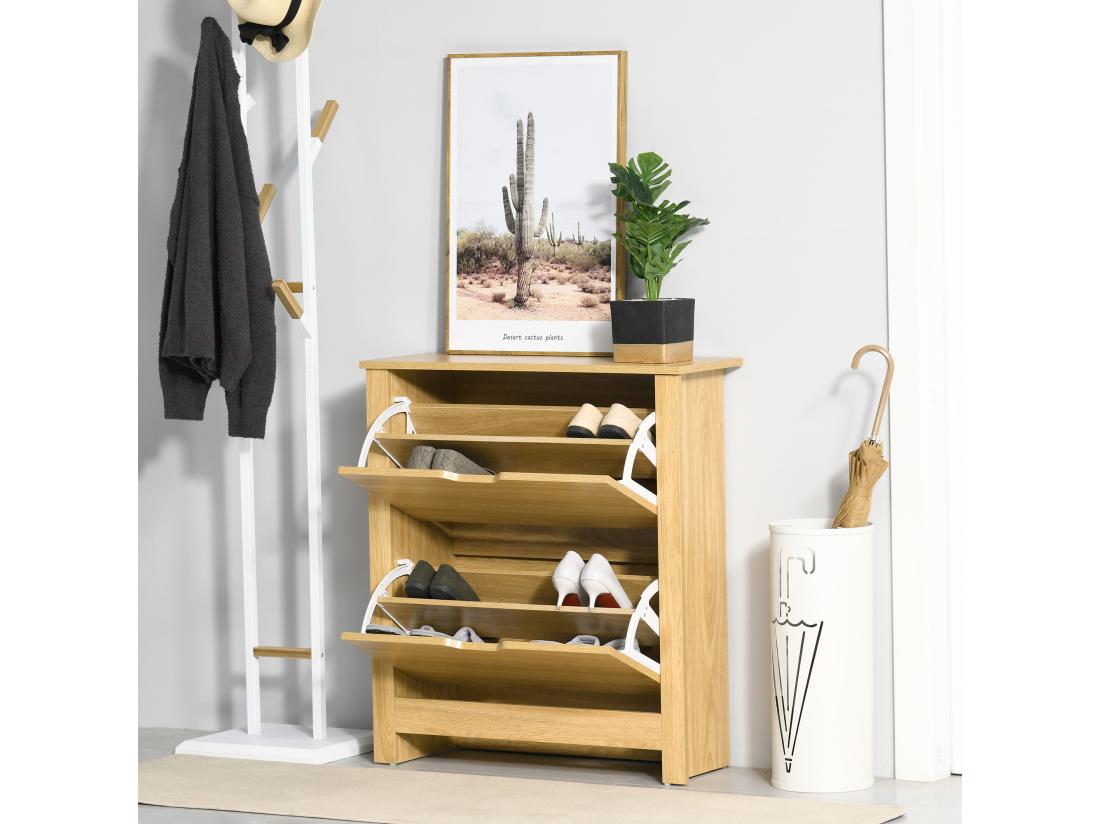 Vente Unique Armoire à Chaussures 2 Portes Abattantes 2 Compartiments Panneaux Particules Aspect Bois