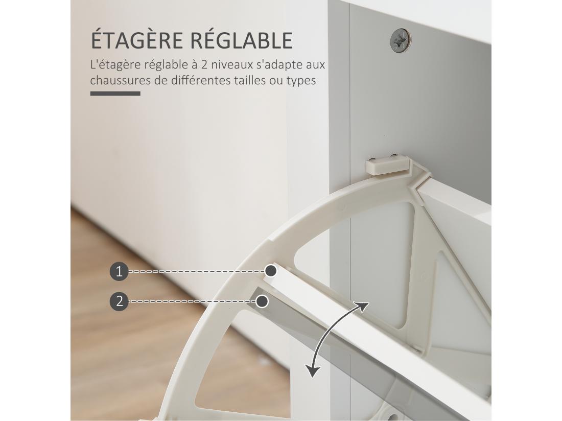 vente unique Armoire à chaussures 2 portes abattantes 2 compartiments poignées coquilles métal MDF blanc chêne clair
