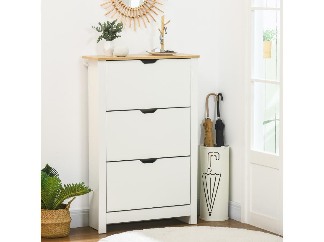 Vente Unique Armoire à Chaussures 3 Portes Abattantes 2 Compartiments Panneaux Particules Blanc Chêne