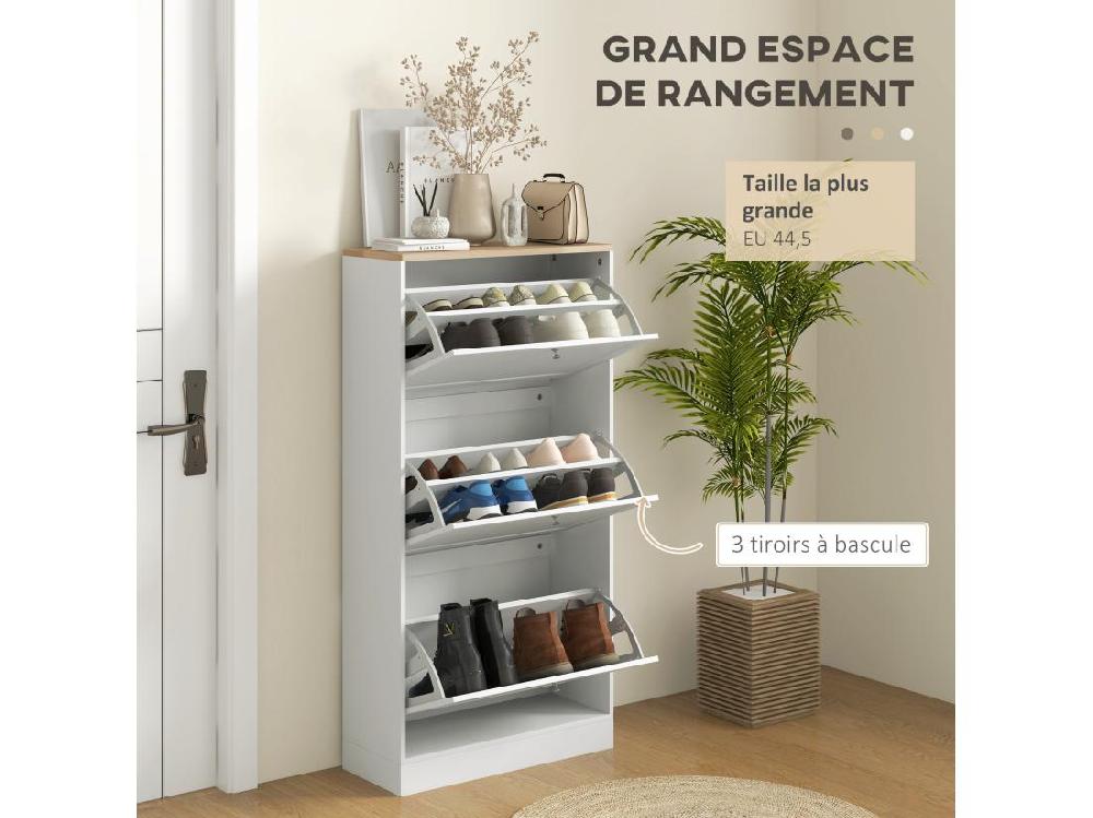 Vente Unique Armoire à Chaussures 3 Portes Abattantes 2 Compartiments Panneaux Particules Blanc Aspect Chêne Clair