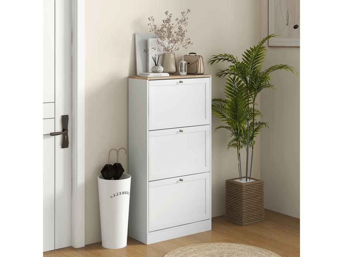Vente Unique Armoire à Chaussures 3 Portes Abattantes 2 Compartiments Panneaux Particules Blanc Aspect Chêne Clair