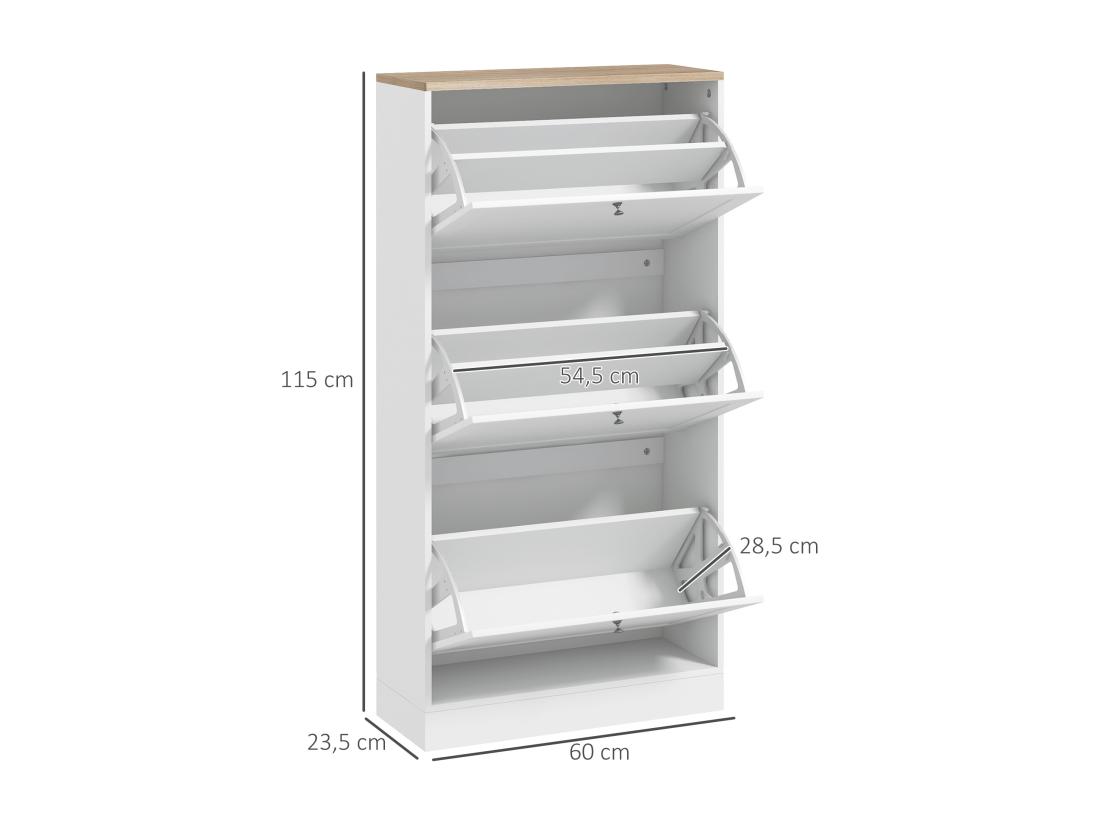 vente unique Armoire à chaussures 3 portes abattantes 2 compartiments panneaux particules blanc aspect chêne clair