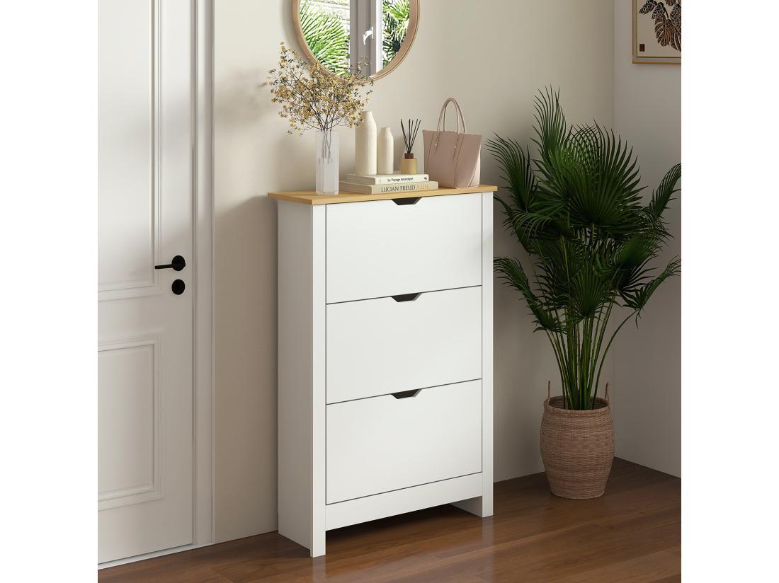 vente unique Armoire à chaussures 3 portes abattantes 2 compartiments panneaux particules blanc chêne