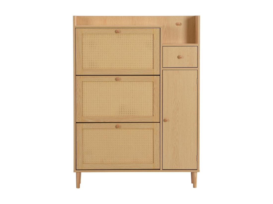 Vente Unique Armoire à Chaussures En Rotin 3 Portes Battantes Et 1 Tiroir Avec Pieds Et Poignées En Bois Massif Dimensions: B90 / H125 / T17 Cm