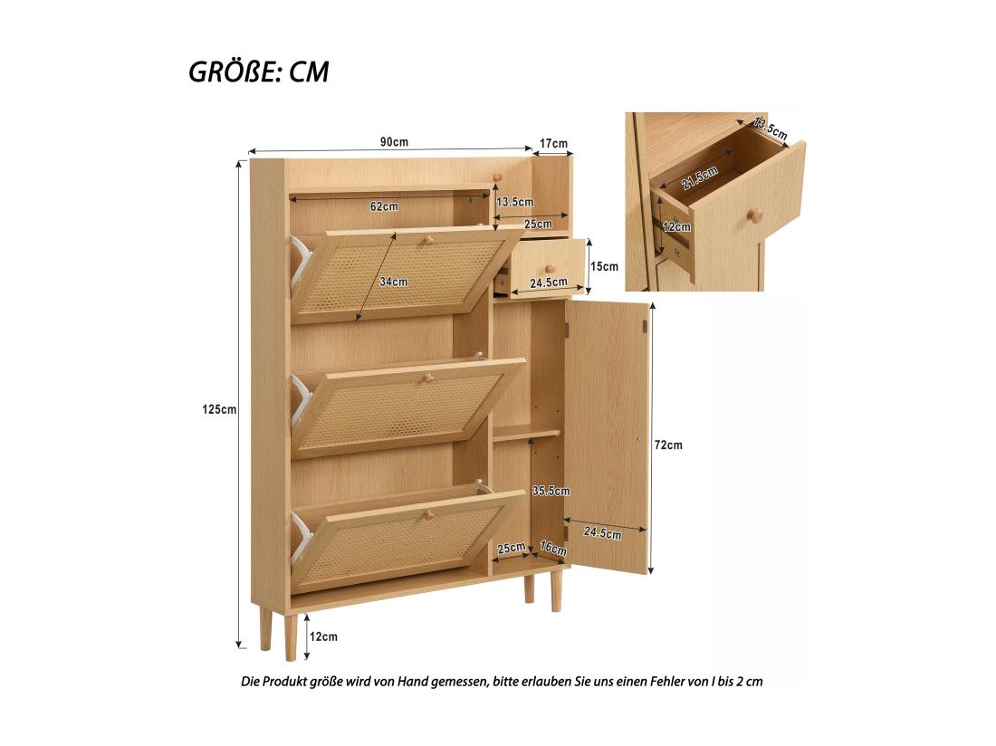 Vente Unique Armoire à Chaussures En Rotin 3 Portes Battantes Et 1 Tiroir Avec Pieds Et Poignées En Bois Massif Dimensions: B90 / H125 / T17 Cm