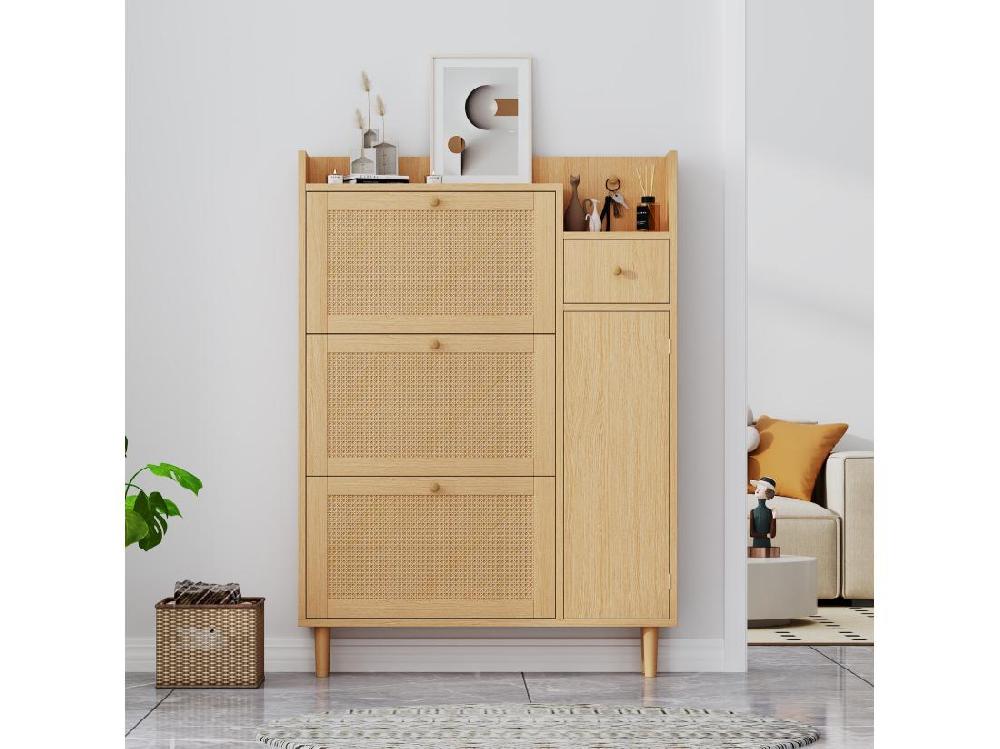 Vente Unique Armoire à Chaussures En Rotin 3 Portes Battantes Et 1 Tiroir Avec Pieds Et Poignées En Bois Massif Dimensions: B90 / H125 / T17 Cm