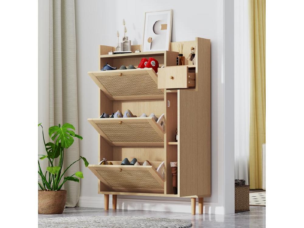 vente unique Armoire à chaussures en rotin 3 portes battantes et 1 tiroir avec pieds et poignées en bois massif dimensions: B90 / h125 / t17 cm