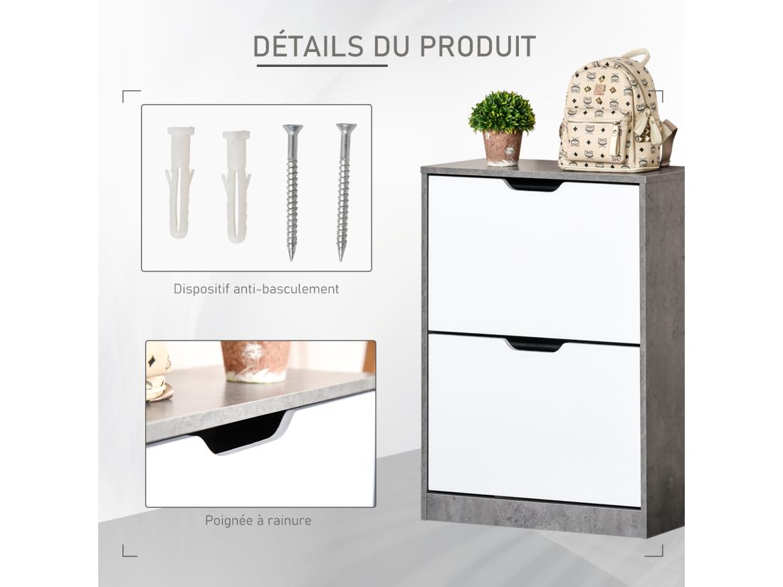 Vente Unique Armoire à Chaussures Meuble à Chaussures Dim. 62L X 26l X 81H Cm 2 Portes Abattantes Blanc Effet Béton Ciré