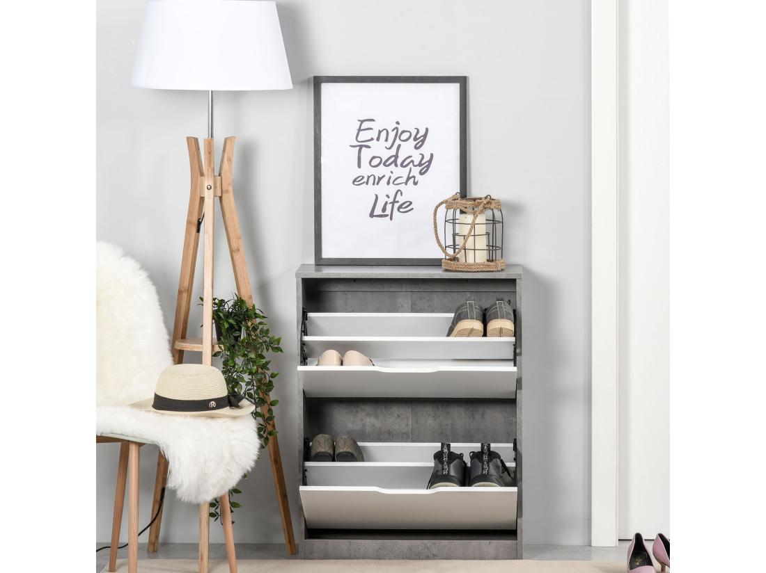 Vente Unique Armoire à Chaussures Meuble à Chaussures Dim. 62L X 26l X 81H Cm 2 Portes Abattantes Blanc Effet Béton Ciré