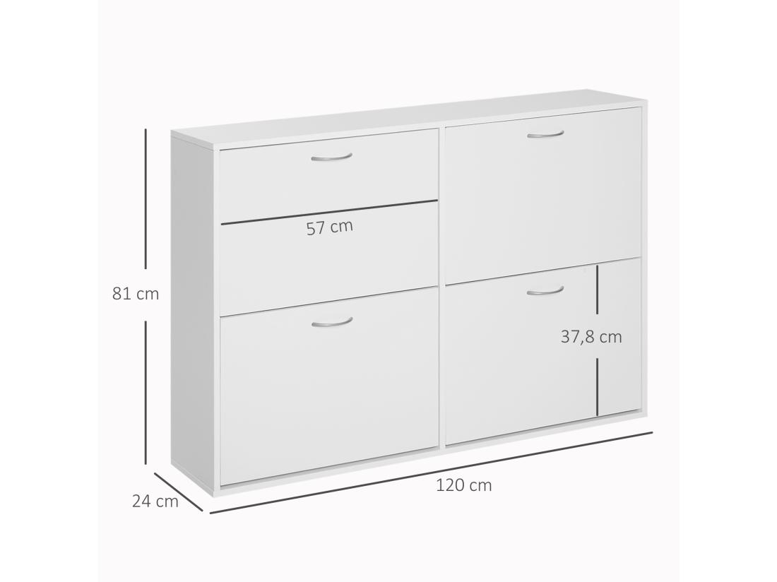 Vente Unique Armoire à Chaussures Meuble à Chaussures Grande Taille Dim. 120L X 24l X 81H Cm 4 Portes Abattantes Double Niveau Panneaux Particules Blanc