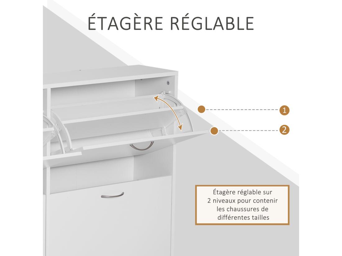 Vente Unique Armoire à Chaussures Meuble à Chaussures Grande Taille Dim. 120L X 24l X 81H Cm 4 Portes Abattantes Double Niveau Panneaux Particules Blanc