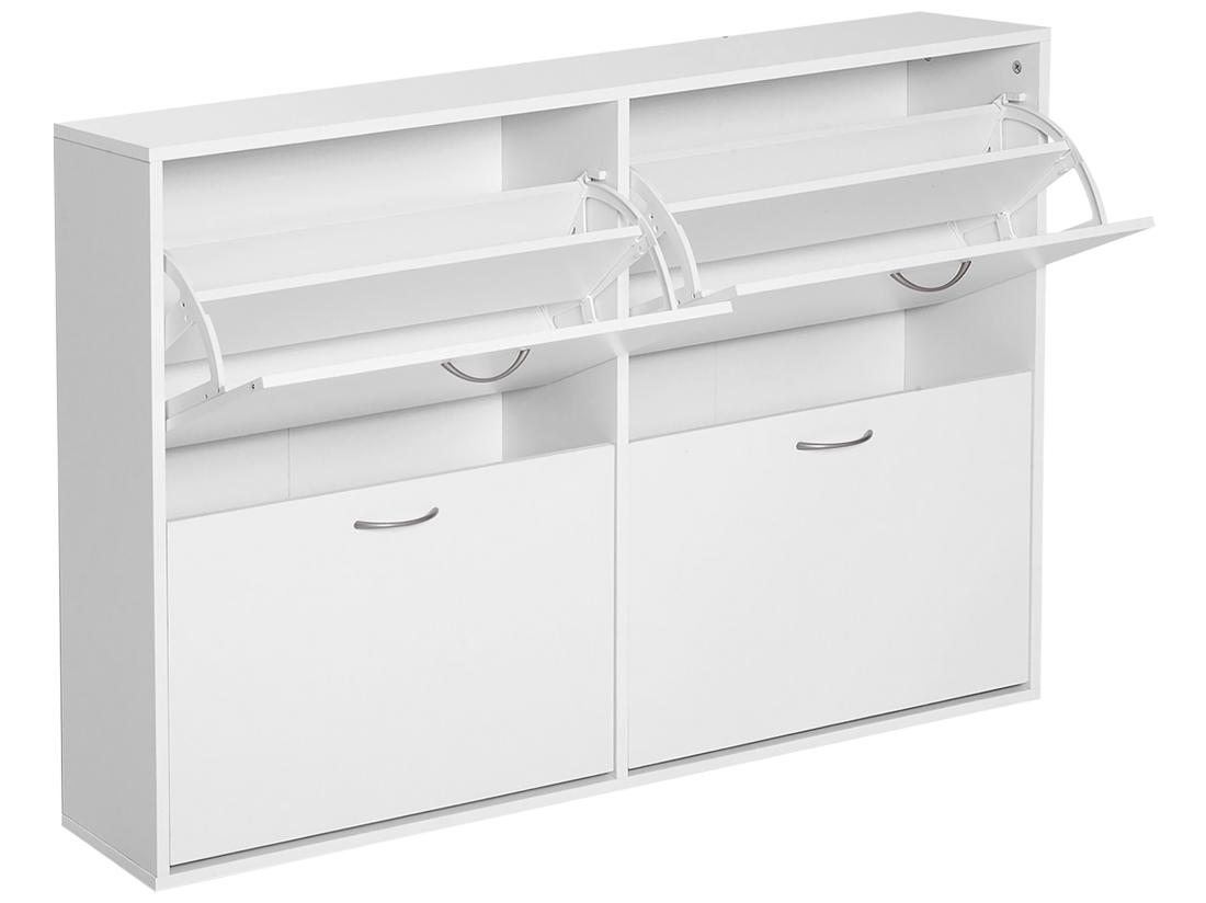 Vente Unique Armoire à Chaussures Meuble à Chaussures Grande Taille Dim. 120L X 24l X 81H Cm 4 Portes Abattantes Double Niveau Panneaux Particules Blanc