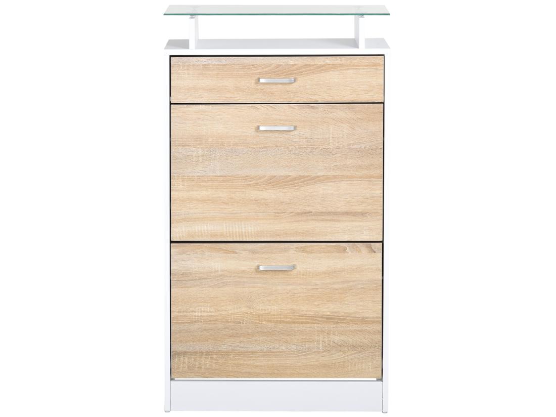 Vente Unique Armoire à Chaussures Organisateur De Luxe Pour Chaussures 2 Portes Abattantes 2 Compartiments Tiroir étagère Verre Panneaux Particules Chêne Blanc