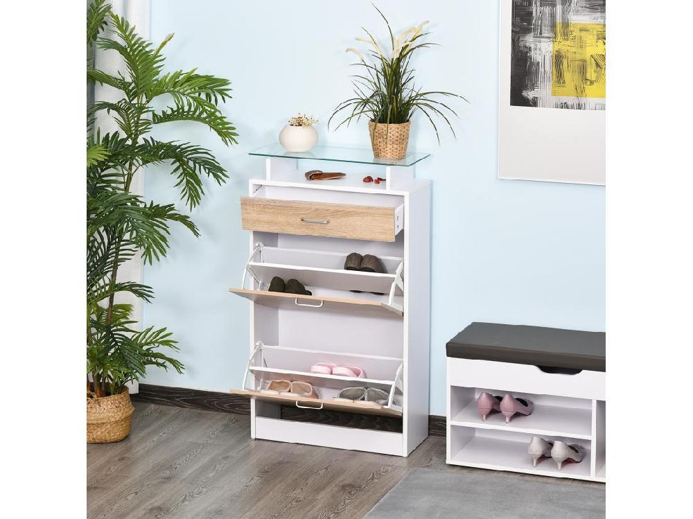 Vente Unique Armoire à Chaussures Organisateur De Luxe Pour Chaussures 2 Portes Abattantes 2 Compartiments Tiroir étagère Verre Panneaux Particules Chêne Blanc