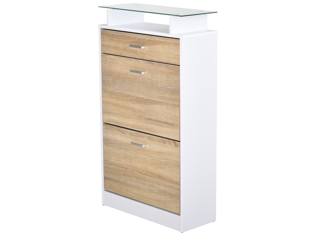 Vente Unique Armoire à Chaussures Organisateur De Luxe Pour Chaussures 2 Portes Abattantes 2 Compartiments Tiroir étagère Verre Panneaux Particules Chêne Blanc