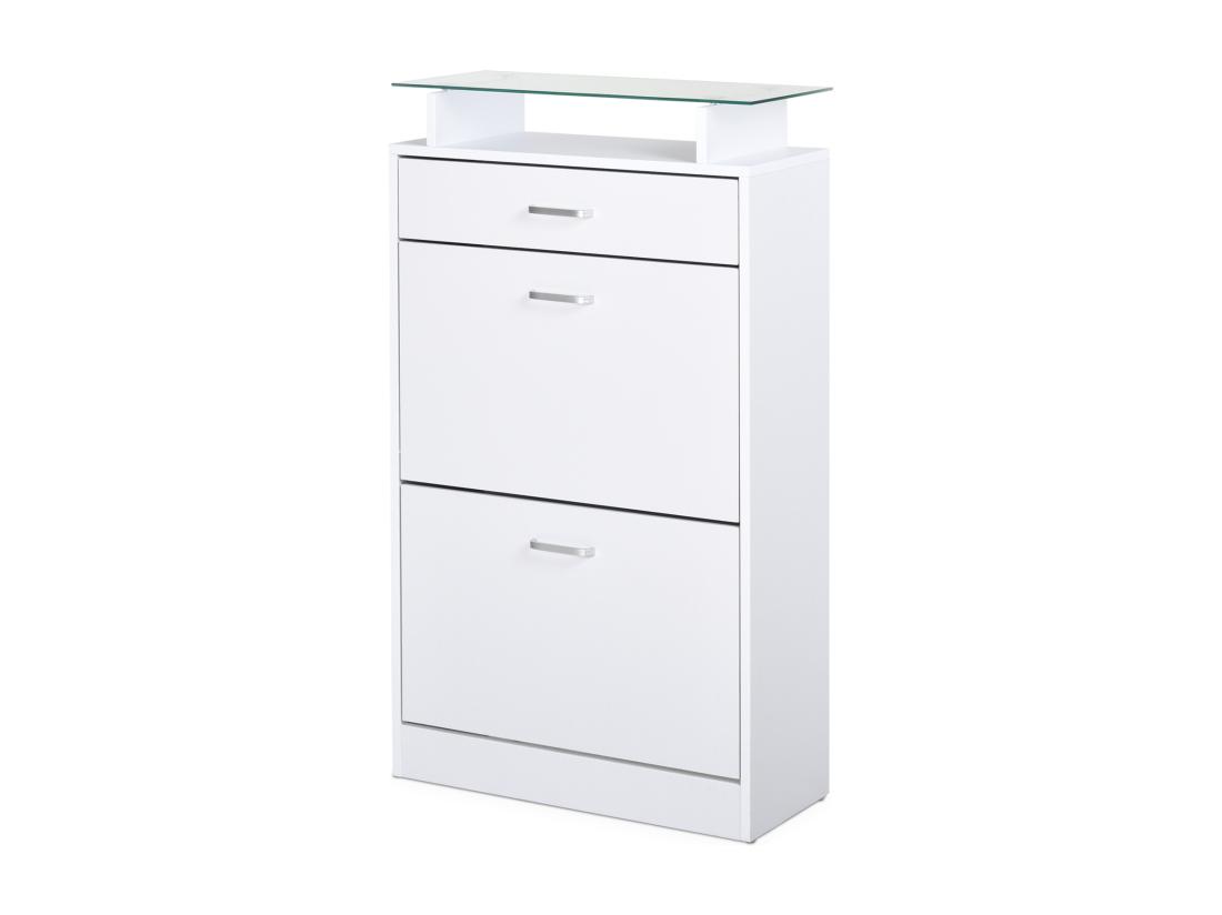 Vente Unique Armoire à Chaussures Organisateur De Luxe Pour Chaussures 2 Portes Abattantes 2 Compartiments Tiroir étagère Verre Panneaux Particules Blanc
