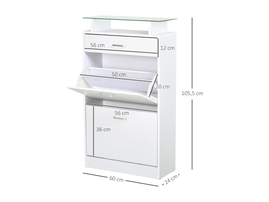 Vente Unique Armoire à Chaussures Organisateur De Luxe Pour Chaussures 2 Portes Abattantes 2 Compartiments Tiroir étagère Verre Panneaux Particules Blanc