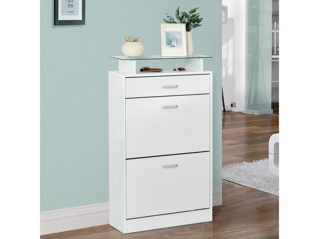 vente unique Armoire à chaussures organisateur de luxe pour chaussures 2 portes abattantes 2 compartiments tiroir étagère verre panneaux particules blanc