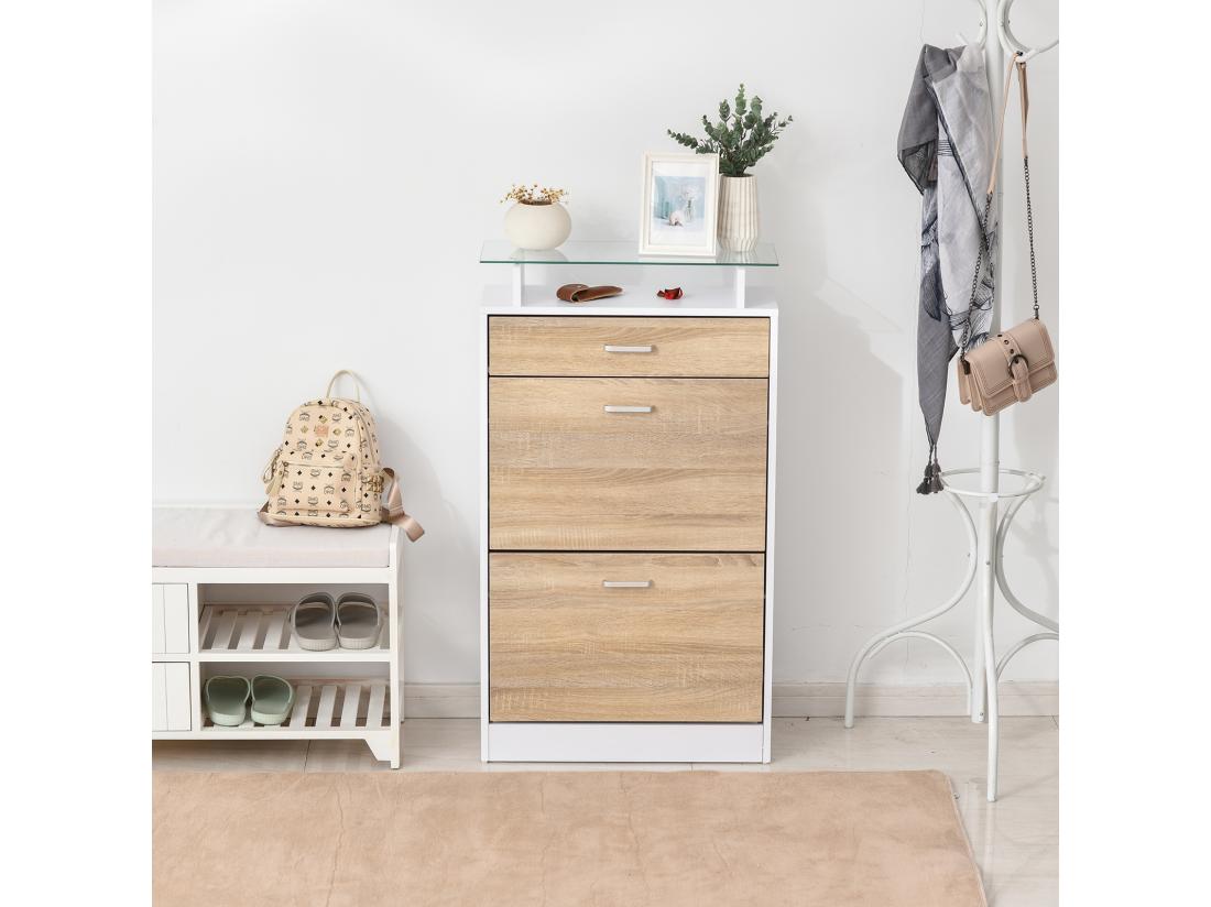 vente unique Armoire à chaussures organisateur de luxe pour chaussures 2 portes abattantes 2 compartiments tiroir étagère verre panneaux particules chêne blanc