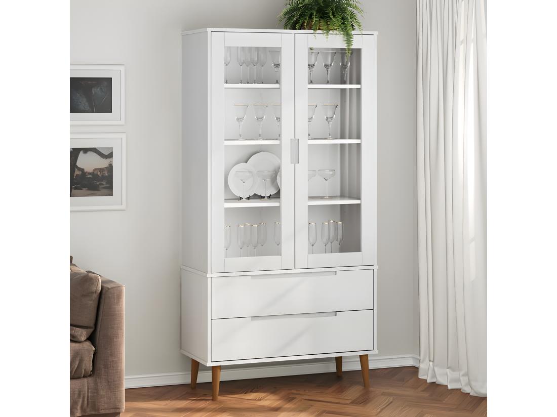 Vente Unique Armoire à Vitrine MOLDE Blanc 90x35x175 Cm Bois De Pin Massif
